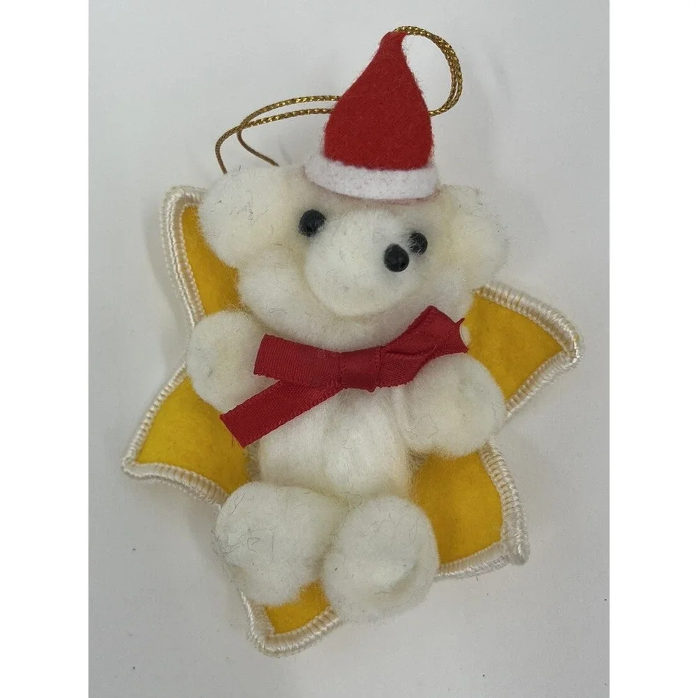 Vintage Pom Pom and Felt Teddy Bear Christmas Tree Ornaments
